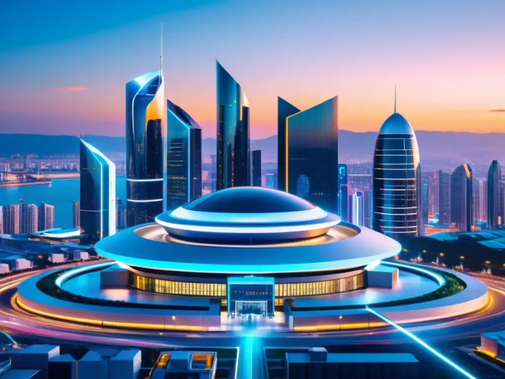 Vista futurista de la ciudad con Inteligencia Artificial en Propiedad Intelectual, edificios modernos y sistemas de vigilancia avanzados