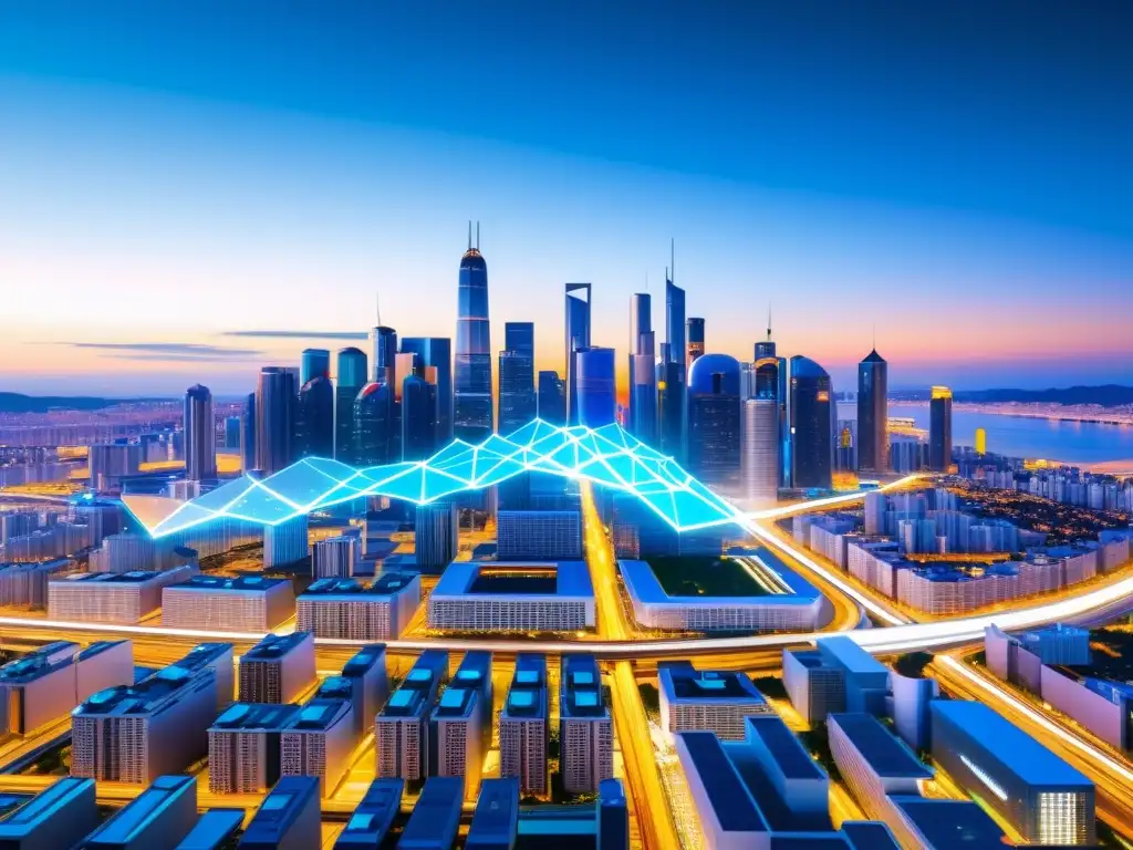 Vista futurista de la ciudad con líneas de blockchain, reflejando los desafíos de interoperabilidad y propiedad intelectual