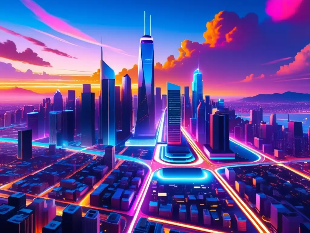 Vista futurista de la ciudad con modelos de negocio para obras generadas por IA, luces de neón y vehículos autónomos