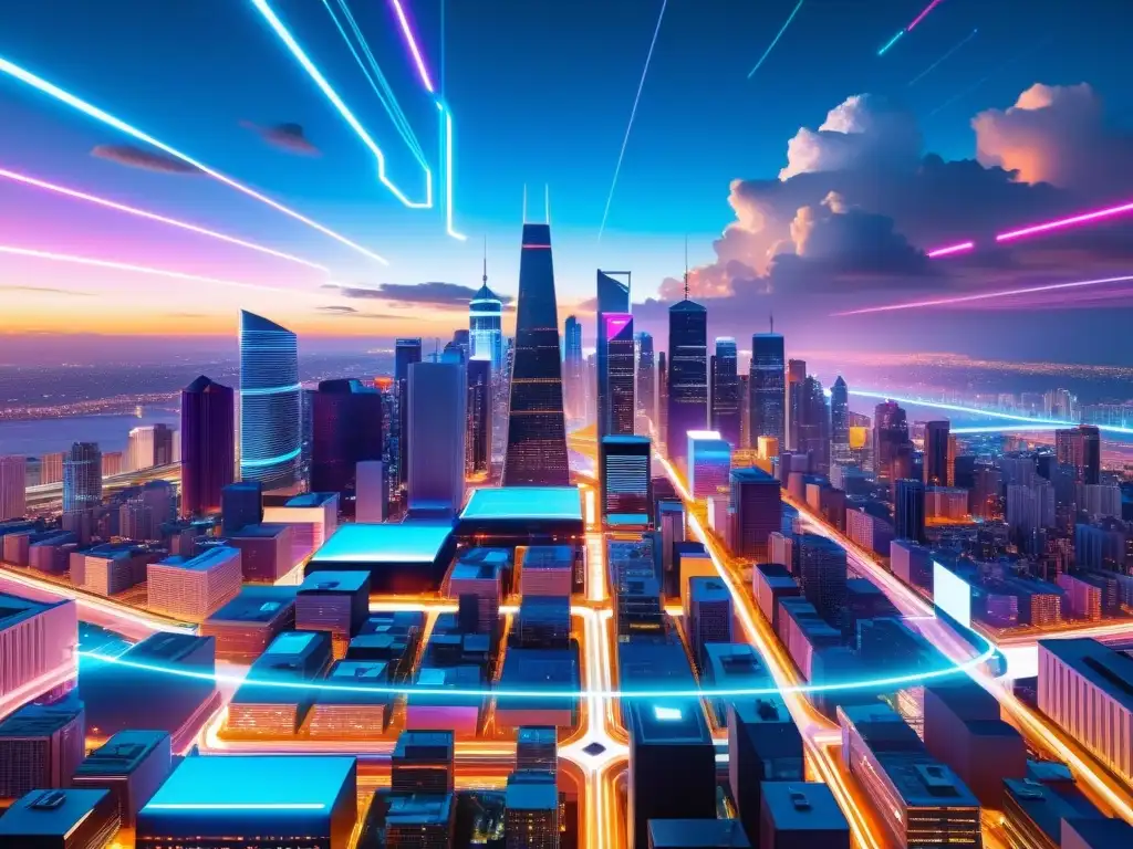 Vista futurista de la ciudad de noche, iluminada por luces de neón, rodeada de datos y conceptos de propiedad intelectual y big data