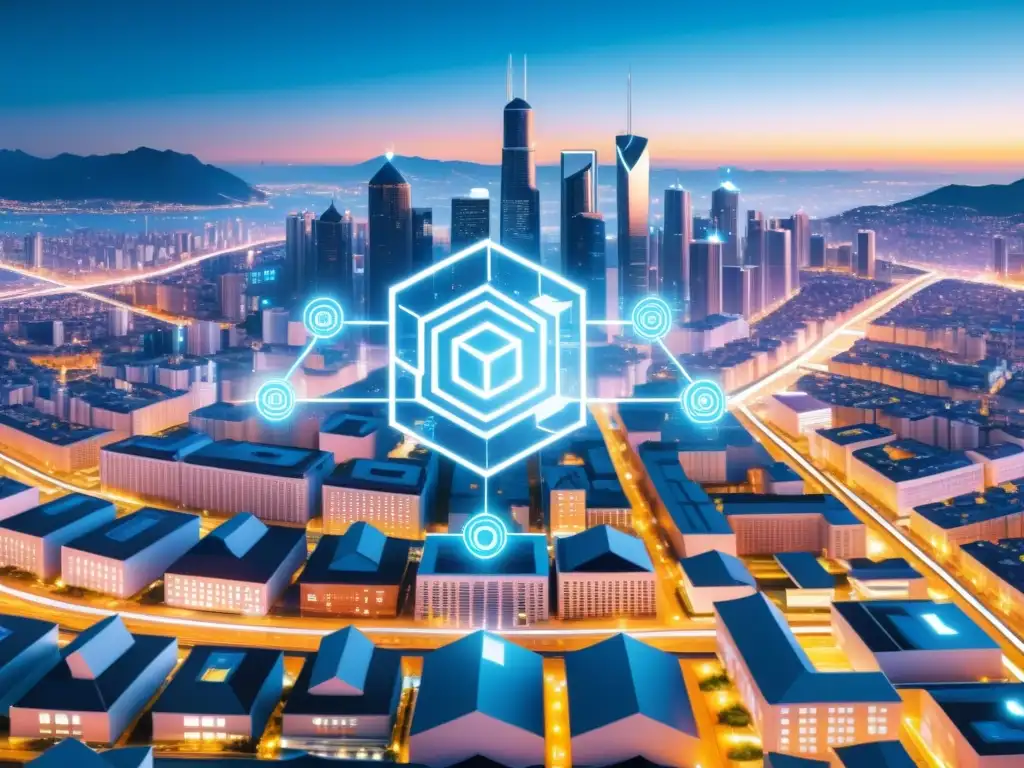 Vista futurista de una ciudad con nodos blockchain y símbolos de propiedad intelectual en blockchain flotando sobre los edificios