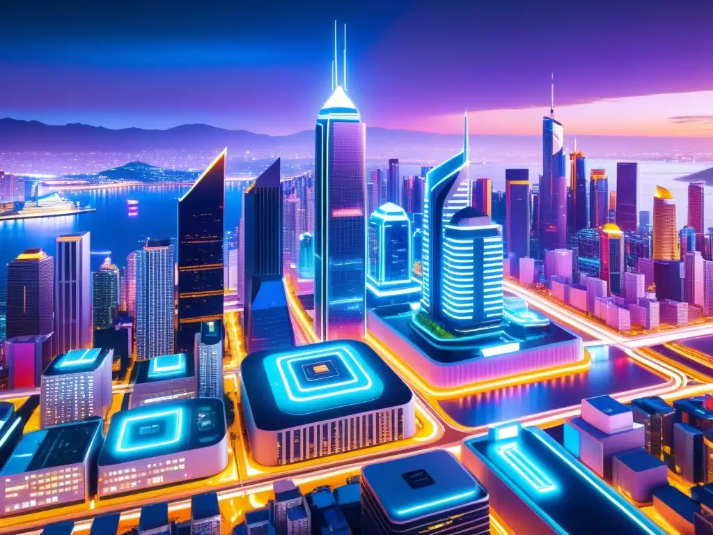 Vista futurista de la ciudad con protección propiedad intelectual blockchain IA