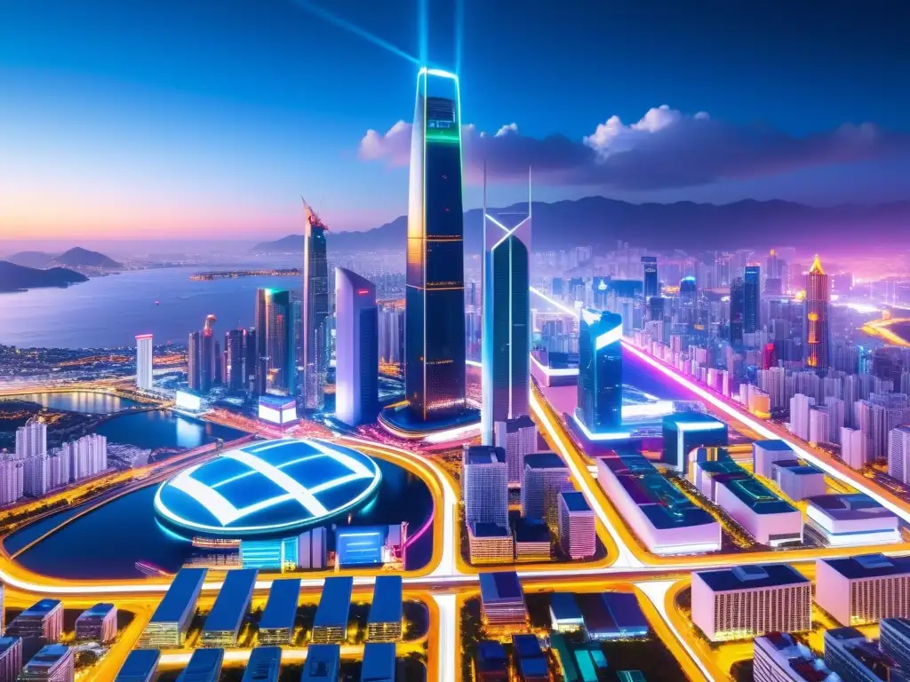 Futurismo urbano: Ciudad CPTPP iluminada Vista futurista de la ciudad con propiedades intelectuales en el CPTPP, destacando la innovación y el progreso