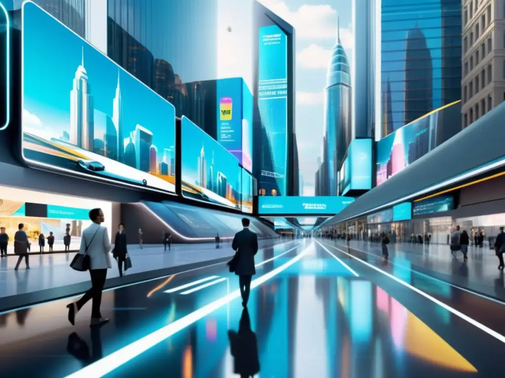 Vista futurista de ciudad con publicidad holográfica y realidad aumentada, mostrando riesgos legales en un mundo tecnológico avanzado