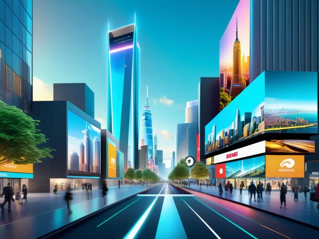 Vista futurista de la ciudad con publicidad holográfica integrada, mostrando la realidad aumentada y los riesgos legales en la publicidad