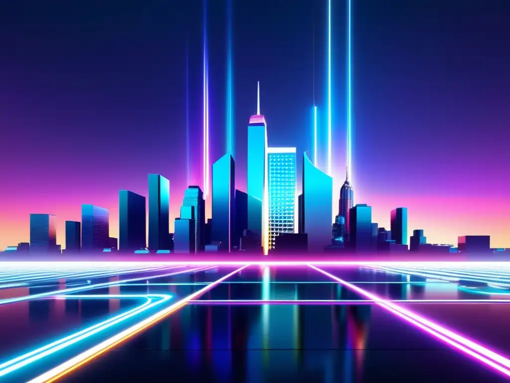 Vista futurista de la ciudad con rascacielos y luces de neón, uniendo tecnología y arte