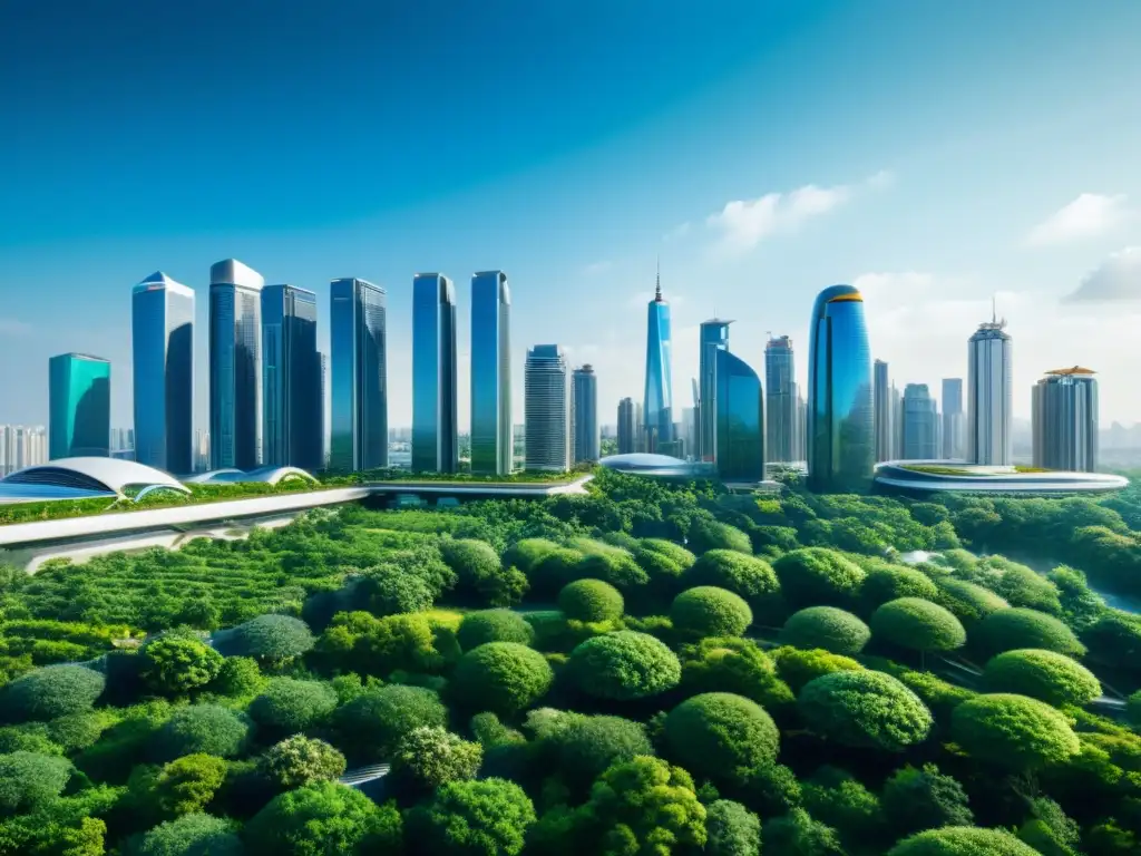 Vista futurista de la ciudad con rascacielos ecológicos, integrando tecnología limpia y patentes para un impacto sostenible