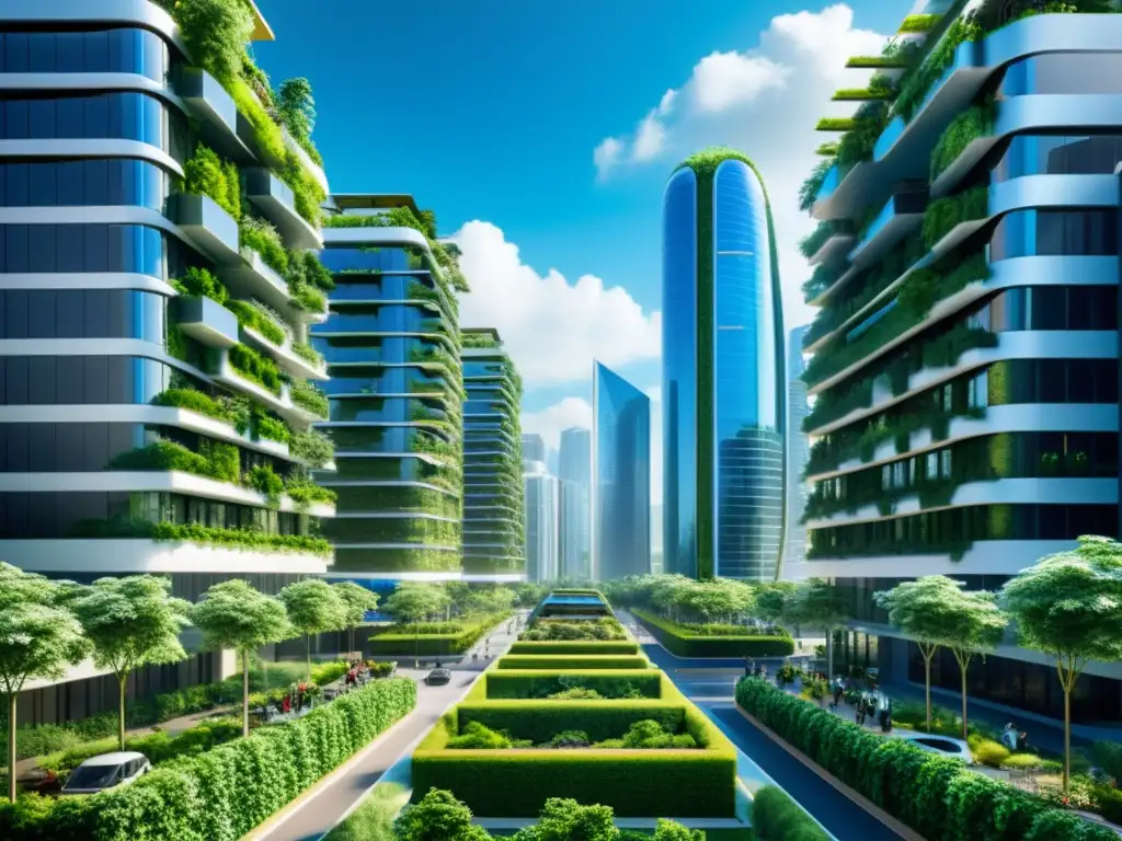 Vista futurista de la ciudad con rascacielos sostenibles y tecnología ambiental avanzada