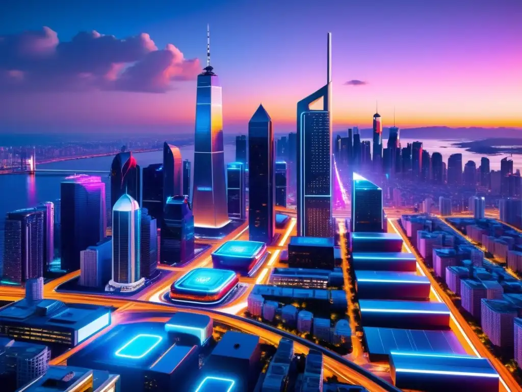 Vista futurista de la ciudad con rascacielos modernos y tecnología avanzada, iluminada por luces de neón
