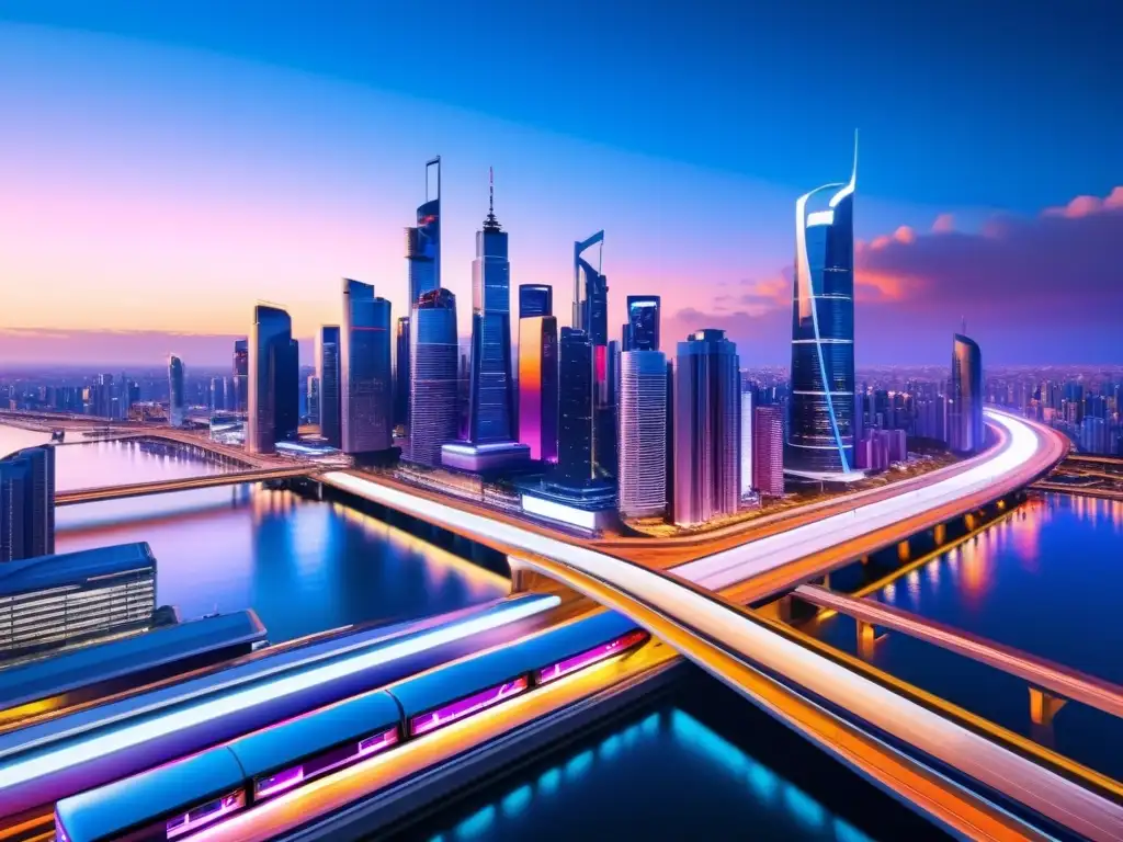 Vista futurista de una ciudad con rascacielos iluminados por luces de neón, rodeada de infraestructura de alta velocidad