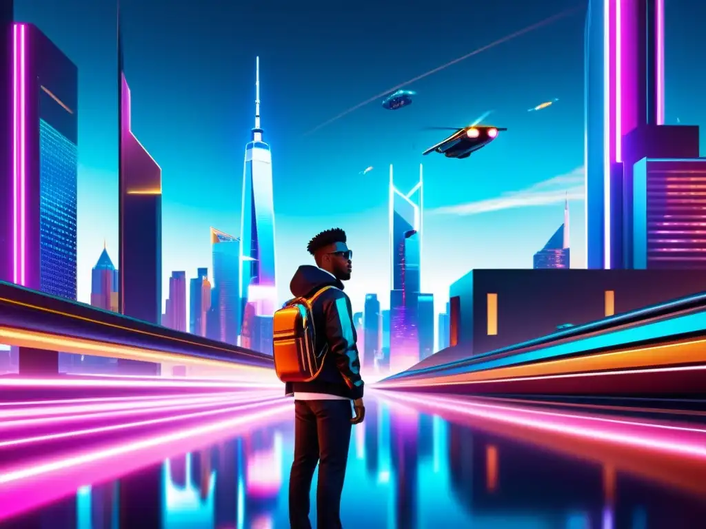 Vista futurista de una ciudad con rascacielos, hologramas y vehículos voladores