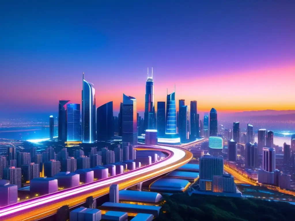 Vista futurista de la ciudad con rascacielos brillantes y un resplandor neón, reflejando innovación y jurisprudencia derechos autor software análisis