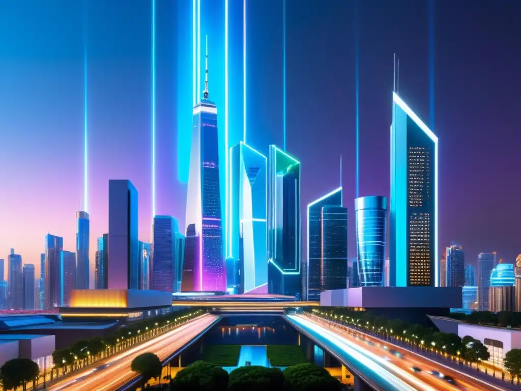 Vista futurista de la ciudad con rascacielos metálicos y tecnología AI