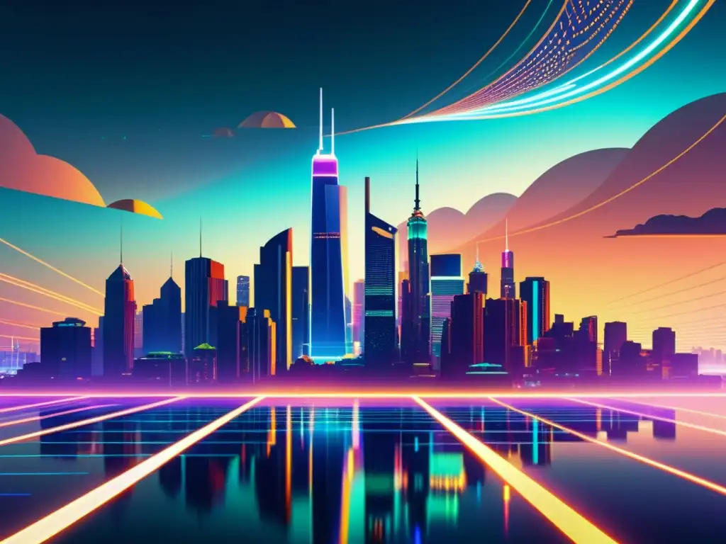 Cityscape futurista con circuitos brillantes y neón Vista futurista de una ciudad con rascacielos entrelazados con elementos orgánicos, bañada en luces de neón