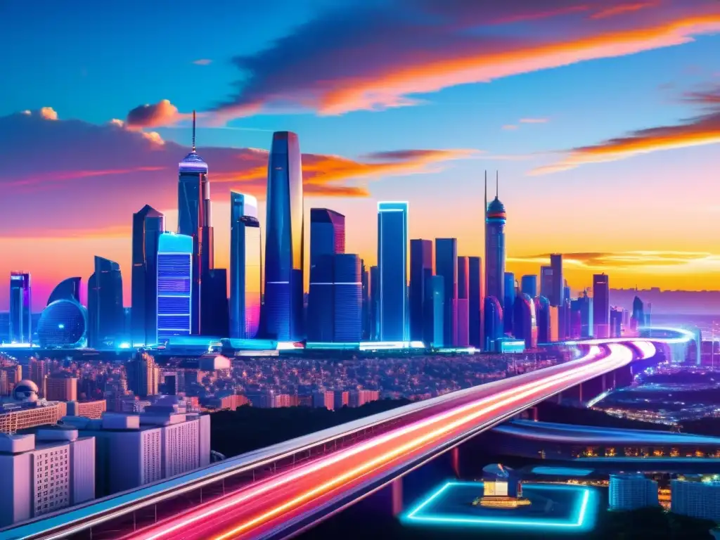Vista futurista de la ciudad con rascacielos y tecnología, representando retos y oportunidades de propiedad intelectual en la era digital