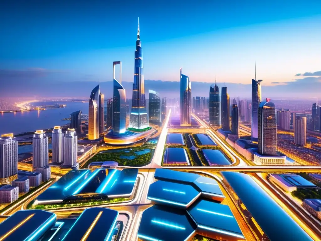 Vista futurista de una ciudad con rascacielos de cristal y acero, rodeada de tecnología avanzada