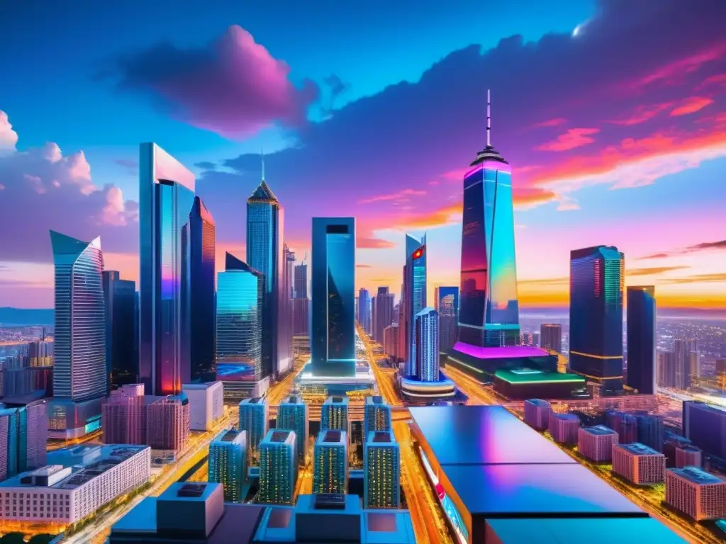 Vista futurista de la ciudad con rascacielos brillantes reflejando luces de neón, tecnología innovadora y comercio internacional