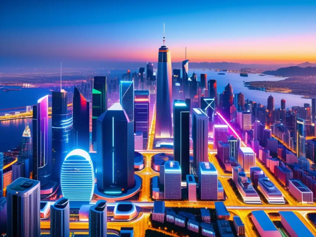 Vista en 8k de una futurista ciudad con rascacielos, tecnología innovadora y luces de neón, simbolizando el poder económico y la propiedad intelectual