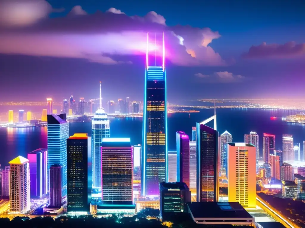 Vista futurista de la ciudad con rascacielos brillantes y luces de neón, reflejando energía e innovación