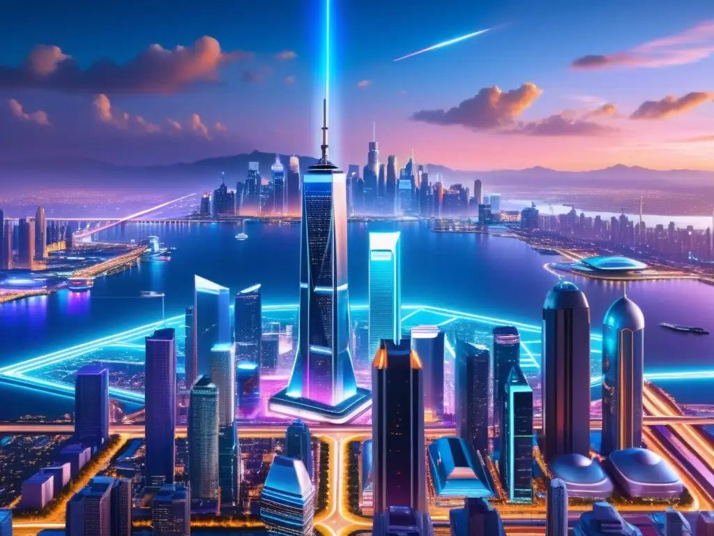 Vista futurista de una ciudad con rascacielos interconectados, luces de neón y tecnología avanzada