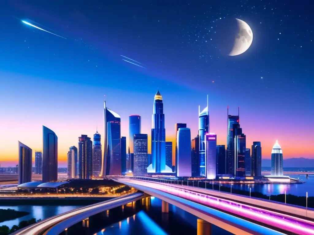 Vista futurista de la ciudad al anochecer con rascacielos iluminados por luces de neón