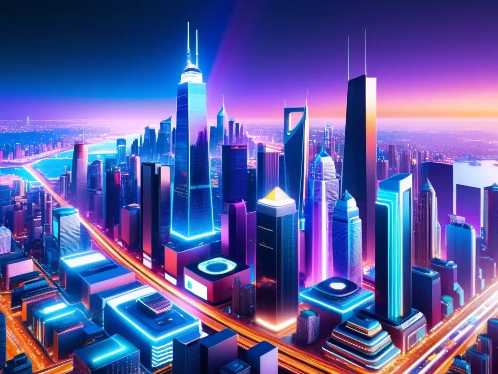 Vista futurista de una ciudad con rascacielos, luces de neón y tecnología avanzada, reflejando las tendencias en propiedad intelectual y big data