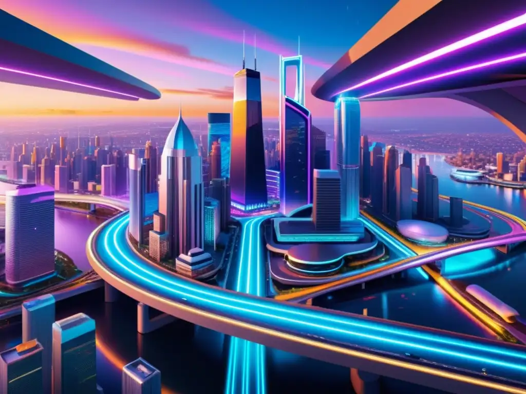 Vista futurista de una ciudad con rascacielos, puentes luminosos y vehículos autónomos