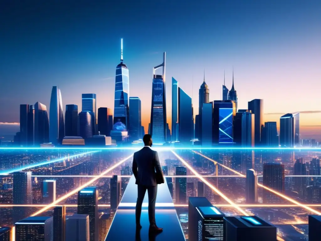 Vista futurista de una ciudad con rascacielos imponentes y tecnología integrada, simbolizando los monopolios en la Era Digital