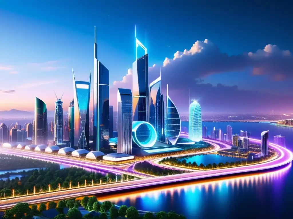 Vista futurista de una ciudad con rascacielos de vidrio y acero, redes digitales, luces de neón y drones AI