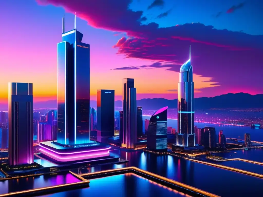 Vista futurista de la ciudad con rascacielos, neón y tecnología avanzada, reflejando la revolución en IA, derecho y patentes