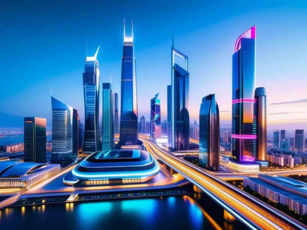 Vista futurista de una ciudad con rascacielos brillantes y tecnología avanzada