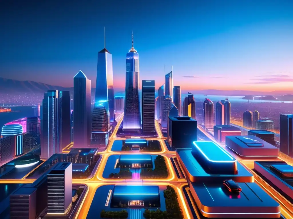 Vista futurista de la ciudad, con rascacielos y luces de neón, resaltando la importancia de las patentes en videojuegos