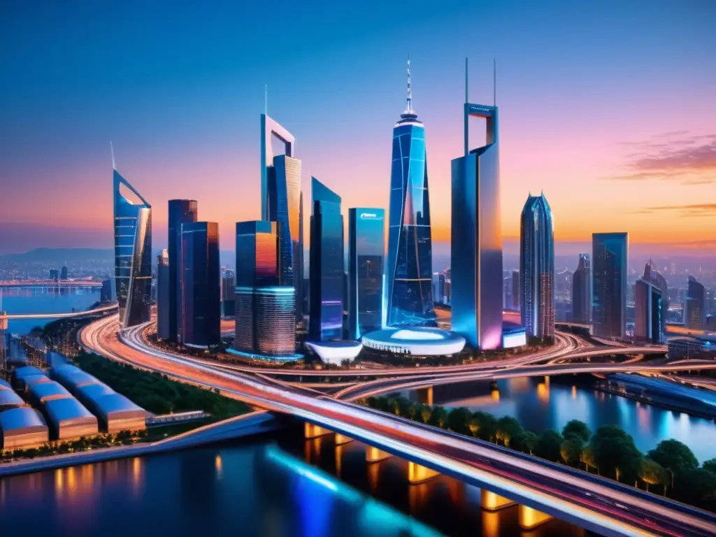Vista futurista de la ciudad al anochecer con rascacielos iluminados y autopistas brillantes, proyectando predicciones marcas propiedad intelectual
