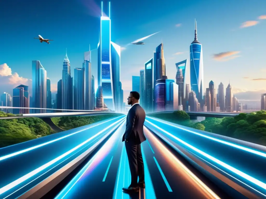 Vista futurista de una ciudad con rascacielos y hologramas de marcas de propiedad intelectual, mostrando responsabilidad y progreso tecnológico