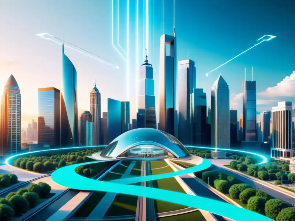 Vista futurista de ciudad en realidad aumentada con énfasis en ética en propiedad intelectual