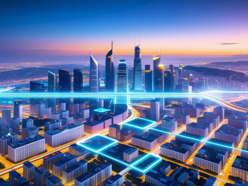 Vista futurista de la ciudad con redes de datos y blockchain entre edificios, reflejando la integración de privacidad de datos en blockchain en un paisaje urbano dinámico y sofisticado