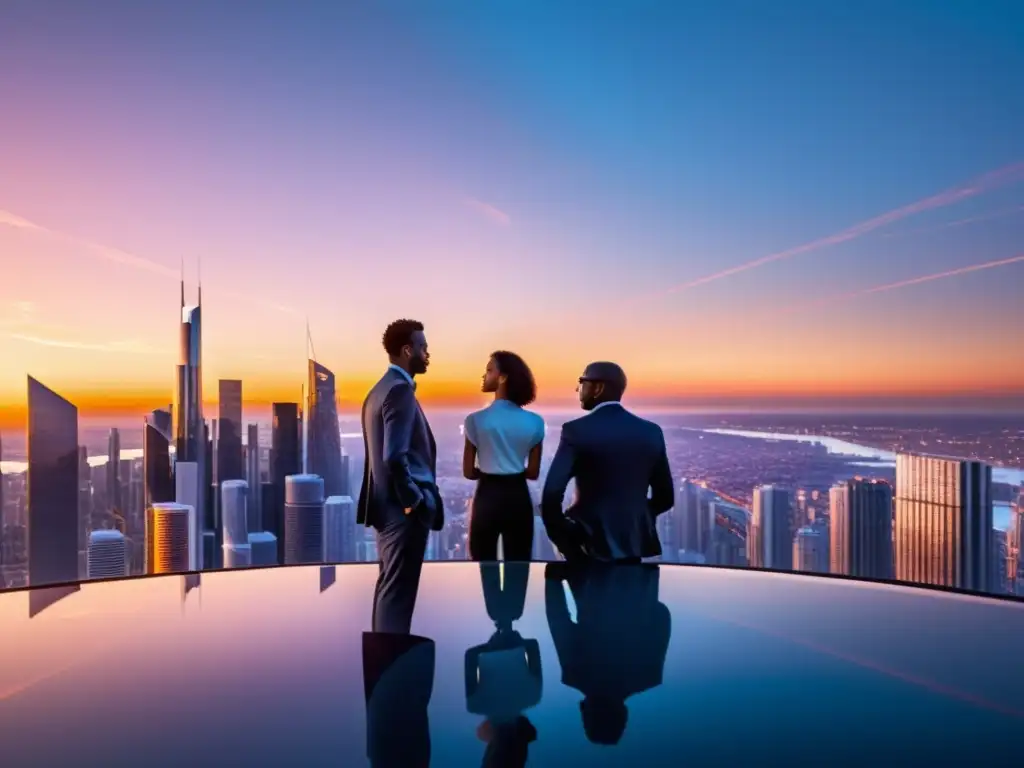 Vista futurista de la ciudad al anochecer, con rascacielos relucientes reflejando la luz del sol poniente