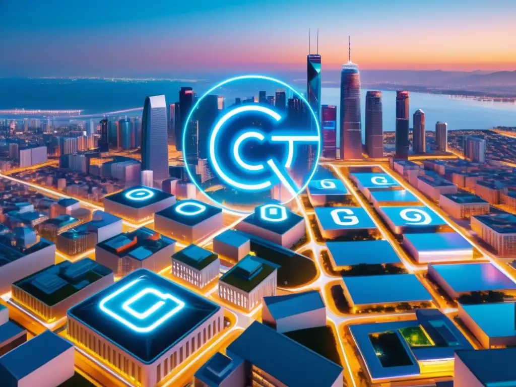 Vista futurista de la ciudad con símbolos de copyright holográficos, representando los Derechos de autor en la era digital
