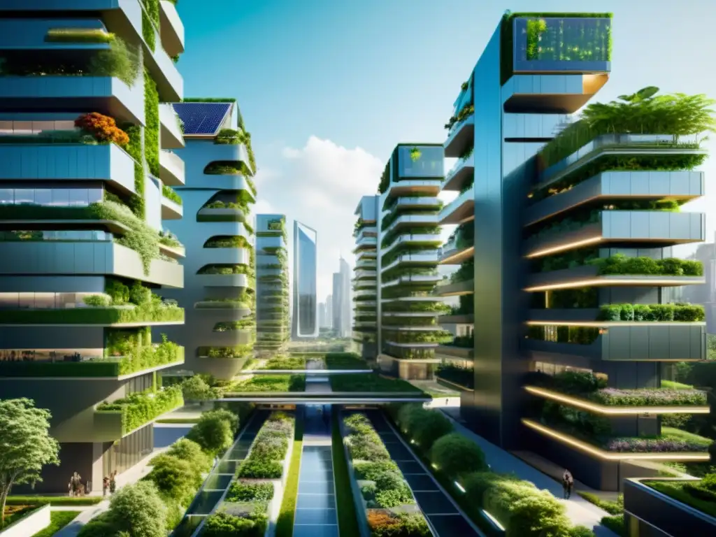 Vista futurista de una ciudad sostenible con rascacielos ecológicos, paneles solares y movilidad eléctrica