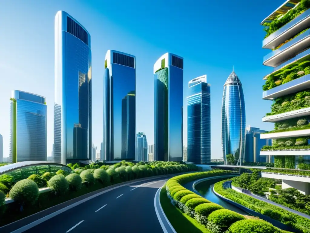 Vista futurista de una ciudad sostenible con rascacielos innovadores y tecnología verde, en el contexto de patentes internacionales cambio climático