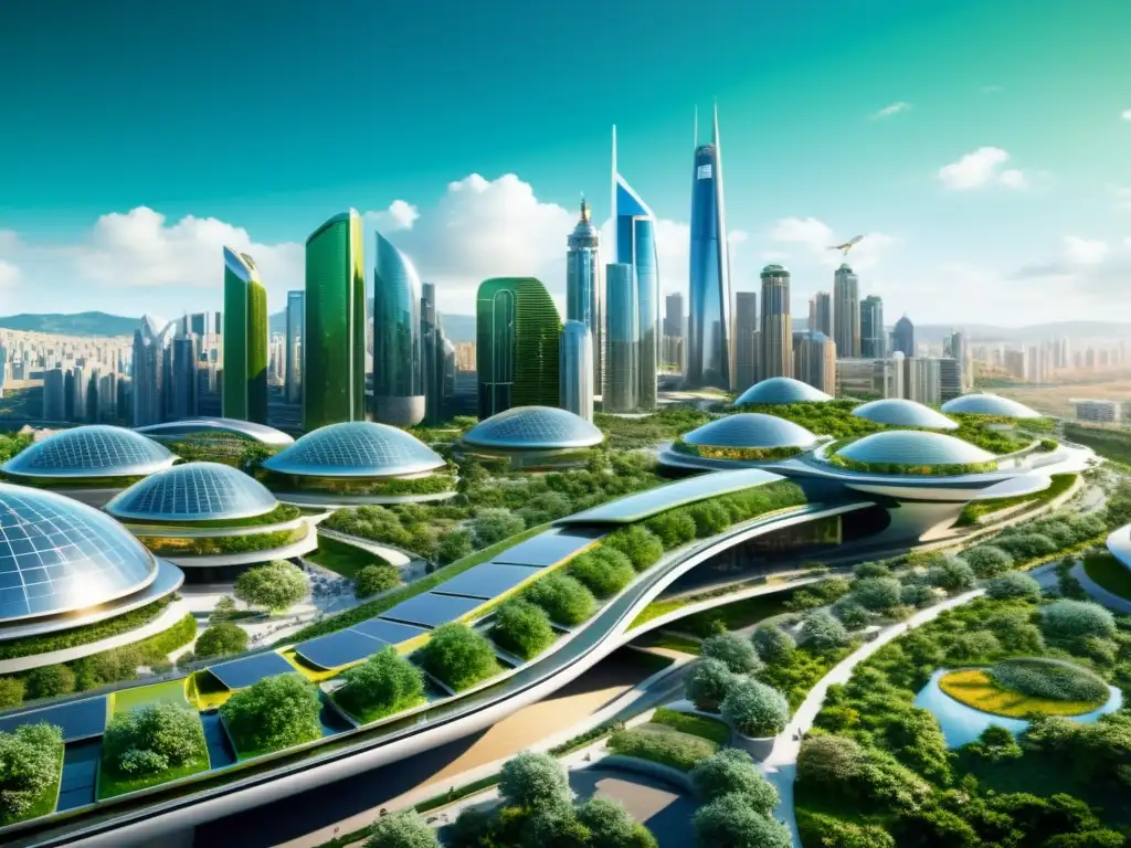 Vista futurista de ciudad sostenible con equilibrio comercio mundial propiedad intelectual