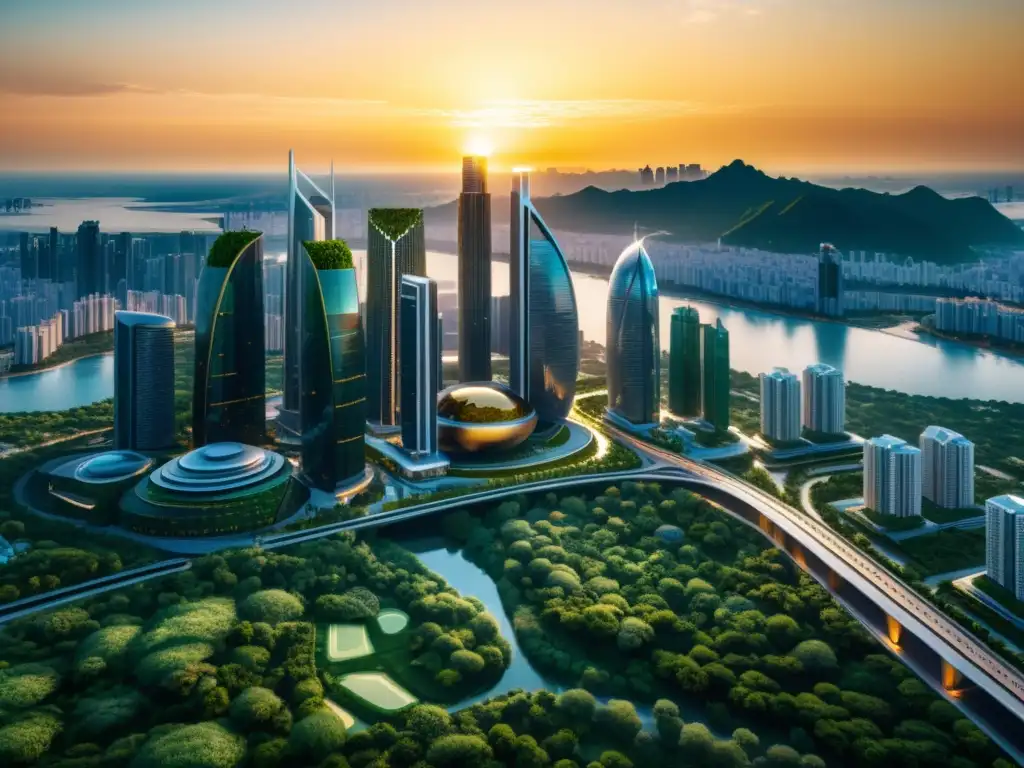 Vista futurista de ciudad sostenible con rascacielos integrados en vegetación, iluminada por atardecer dorado