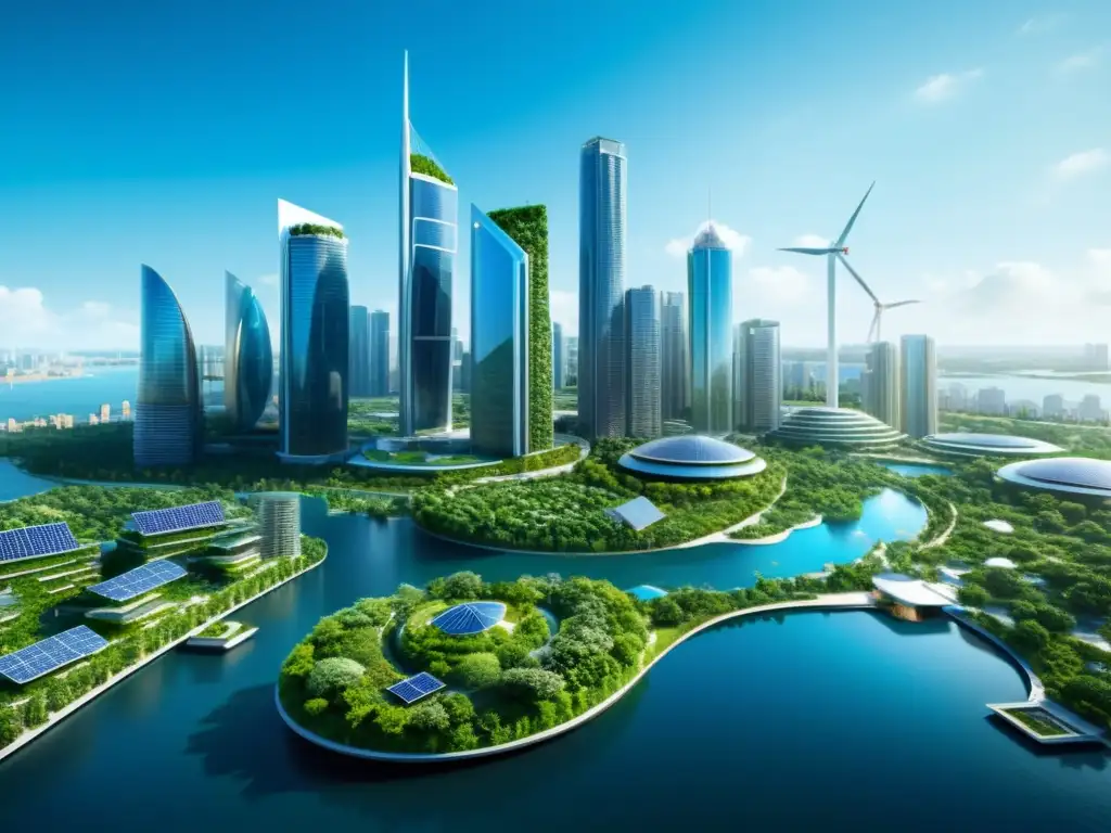 Vista futurista de una ciudad sostenible con rascacielos de vidrio y paneles solares rodeados de naturaleza exuberante y agua limpia