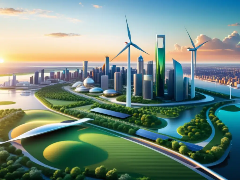 Vista futurista de una ciudad con tecnología verde, en el contexto de la propiedad intelectual para Startups