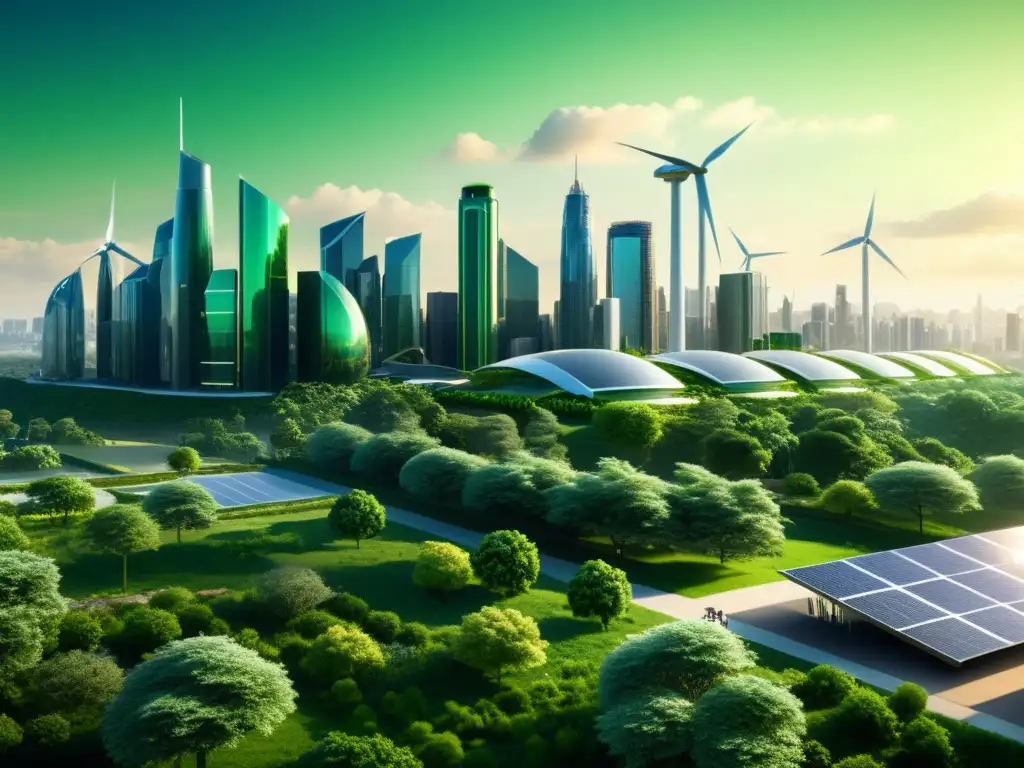 Vista futurista de una ciudad verde con patentes verdes innovación sostenible