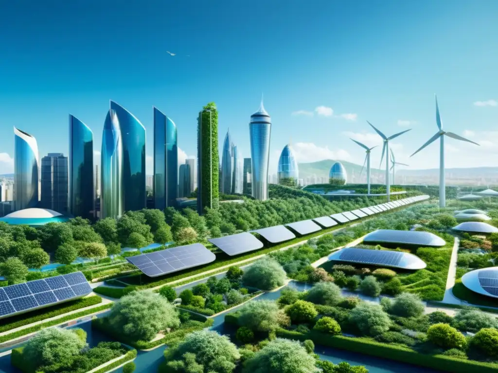 Vista futurista de una ciudad verde con tecnologías eco amigables y patentes tecnológicas para el cambio climático