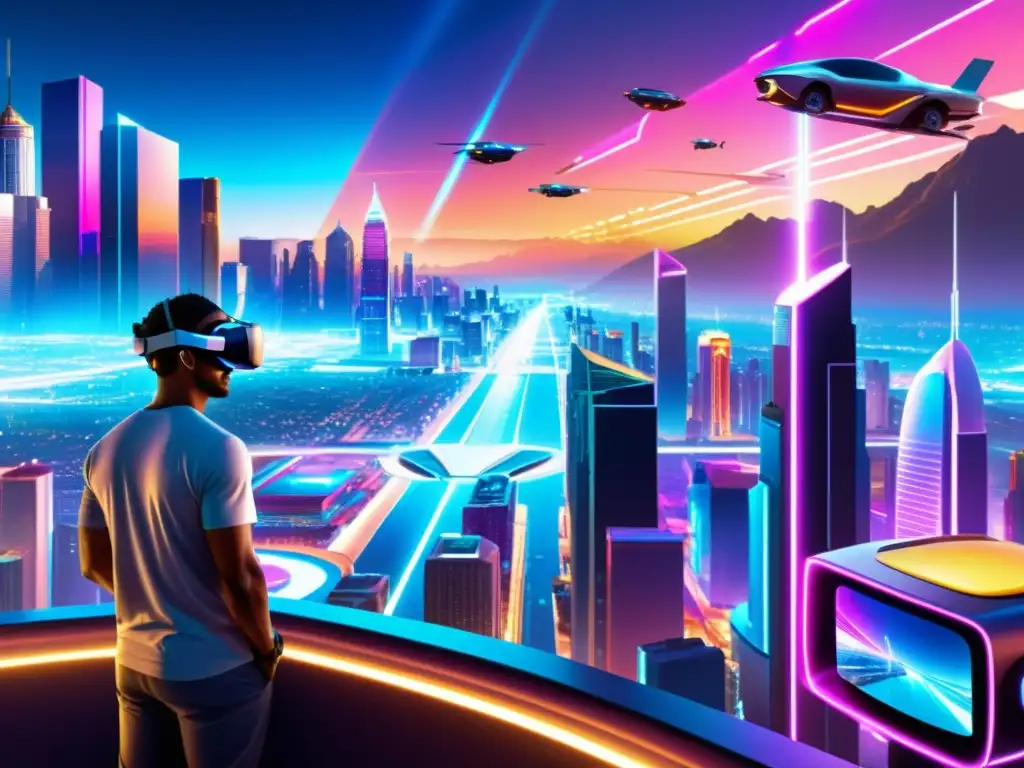 Vista futurista de una ciudad virtual con colores neón y tecnología avanzada