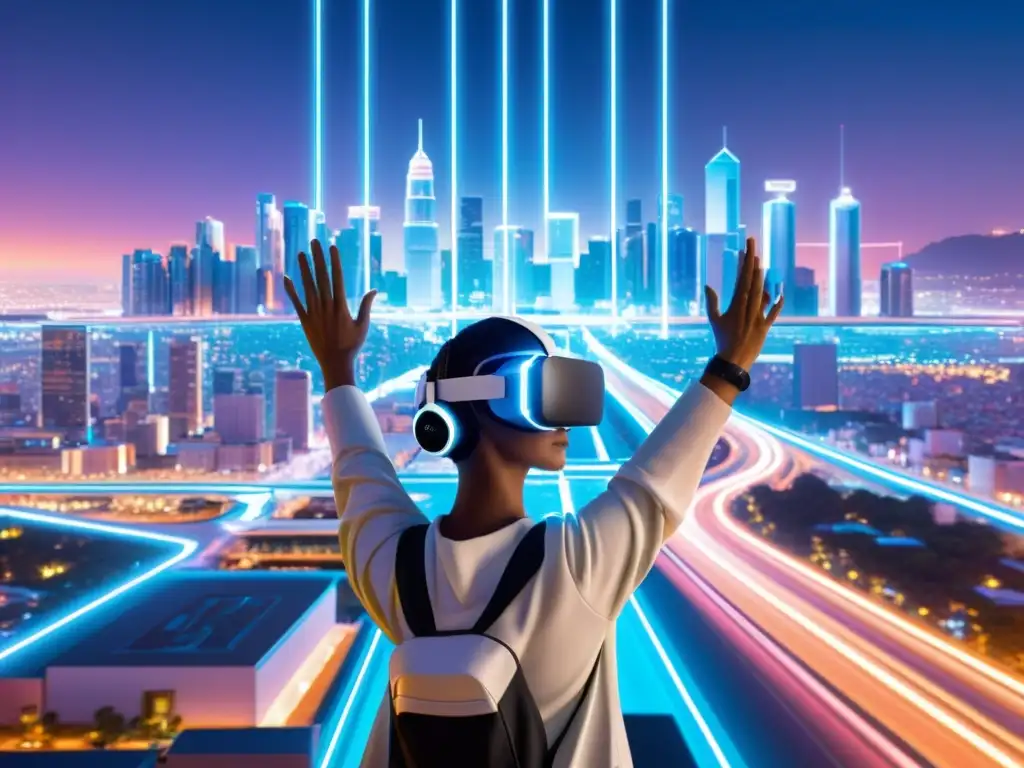 Vista futurista de una ciudad virtual llena de letreros digitales y hologramas, destacando símbolos de copyright e iconos de propiedad intelectual