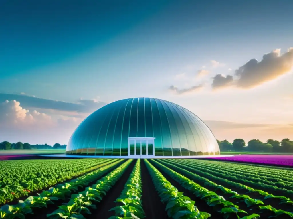 Vista futurista de cultivos transgénicos bajo cúpula de vidrio, innovación en patentes de cultivos transgénicos