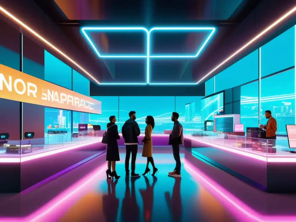 Vista futurista de un mercado digital con comercio electrónico y patentes, drones y hologramas, iluminado por luces de neón